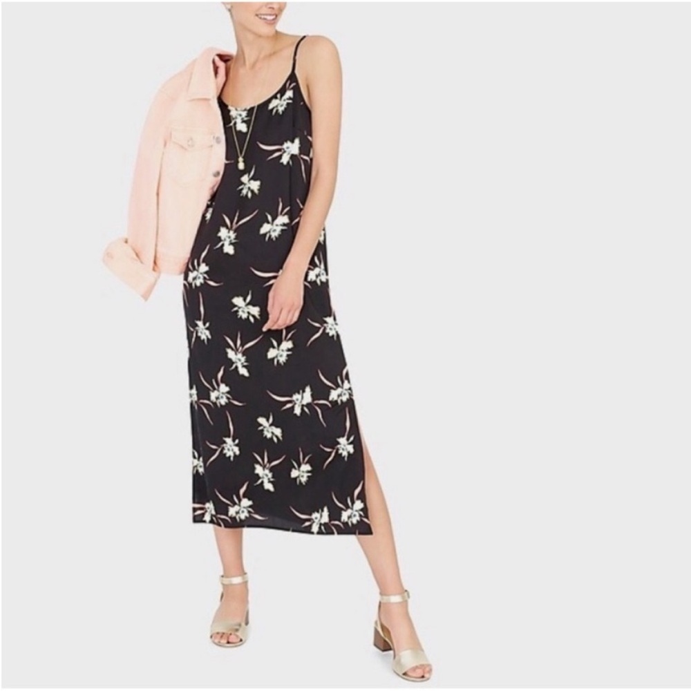 J. Crew Black Midi Dress with Pink Floral Accents Size XS Casual Resortwear